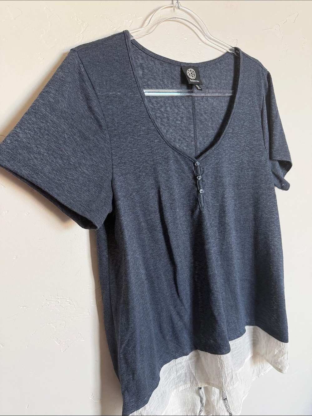 bobeau Slate Blue Short Sleeve Layered Hem Top with White Trim - Picture 3 of 8